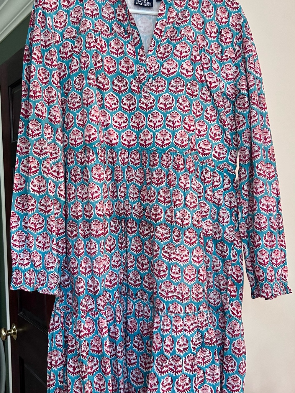 Madison Matthews size Lg Floral Print Tiered Dress in Turquoise & Fuchsia